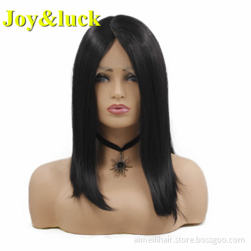 Wholesale Wigs For Women High Quality Daily Ware Lacefront Mid-length Natural Short Straight Black Color Synthetic Ladies Hair